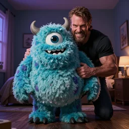 Plushie Monster hiding from very buff Chuck Norris, Bedroom, dramatic and intense atmosphere, trending on artstation, 40nm lens, 4k,
