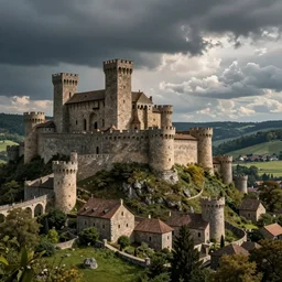 Old Medieval architecture in a medieval valley, dramatic sky, digital art, 4k, 8k, trending on ArtStation
