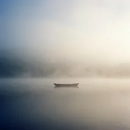 landscape with boat on a lake, surrealism, beautiful light, HDR, hazy, foggy, atmospheric perspective, volumetric fog, cinematic, 35mm lens, anamorphic lens flare, photographic, cinematography by roger deakins, in the style of ansel adams, low details,