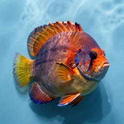 an unusual fish found in deepest ocean, bright colours, fat, hairy, plain light blue background, dslr, fine details, centered