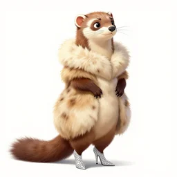 lorax movie : detailed illustration : ferret character : wearing a stravagant fur dress : wearing diamonds stiletto : head torso legs : artstation