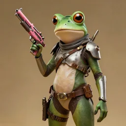 realistic cinematic sci - fi woman warrior wearing a frog costume and holding a pink scifi vintage space gun design comfortable classy luxury - machinery, tubes wires path matte painting masterpiece warm tones quiet
