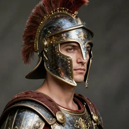 close - up portrait of roman gladiator with helmet and armor, color photograph by annie leibovitz