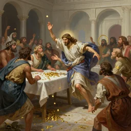 a detailed picture of jesus throwing the merchants out of the temple, thrown tables, scattered gold coins, fleeing merchants, fantasy, intricate, elegant, highly detailed, digital painting, artstation, matte, sharp focus, illustration, vaporwave style
