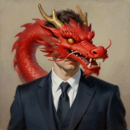 man in a suit with red dragon head, portrait painting, very detailed, trending on artstation