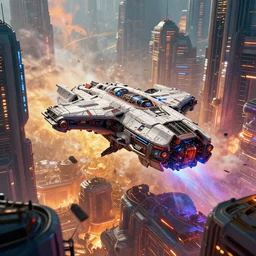 spaceship crashes into sci-fi city, cinematic, volumetric lighting, hdr, trending on artstation, 4k, high-detail, high contrast, vibrant colors, cyberpunk style, 8k