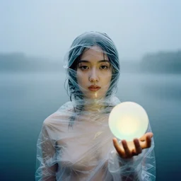 a closeup portrait of a woman wrapped in plastic, standing next to a levitating luminescent orb, in a foggy lake, color photograph, by vincent desiderio, canon eos c 3 0 0, ƒ 1. 8, 3 5 mm, 8 k, medium - format print