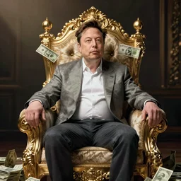 Elon Musk sitting in a throne full of money, digital art,