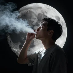man in the moon blowing out a puff of smoke