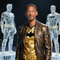 will smith as iceman, clear ice, human sculpture, freezing gold, mr freeze, style if batman animated series
