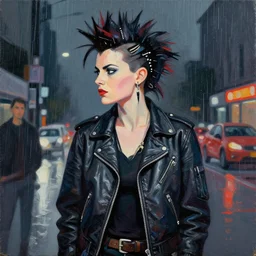 greg manchess portrait painting of a punk woman in a leather bomber jacket, medium shot, asymmetrical, profile picture, organic painting, rainy night, matte painting, bold shapes, hard edges, street art, trending on artstation, by huang guangjian and gil elvgren and sachin teng