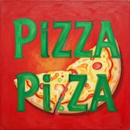 a painting with red background, green text with the word pizza