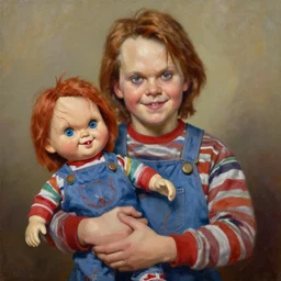chris patt holding the doll chucky, oil painting, by greg rutkowski