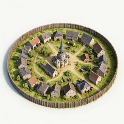 Aerial establishing shot of a medieval village surrounded by circular wood palisade