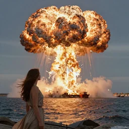 beautiful woman looking at giant nuclear explosion, epic, artwork by Aivazovsky, Ivan