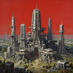 ultra realist intricate detailed landscape painting of an alien world, red sky with mech buildings and cyborg tech, symmetry accurate features, very intricate details, bokeh focus, 8k render, artstyle Hiraku Tanaka and Tom Bagshaw, award winning