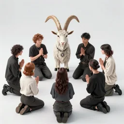 A group of millennial hipsters kneeling and worshipping before a satanic goat-person at the center, in the style of Corporate Memphis, Alegria style, Big Tech corporate art design, simple gradients, simple, minimalist, cohesive