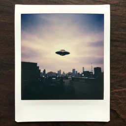 an aged polaroid photo of a tiny ufo flying above new york city, gloomy, grainy
