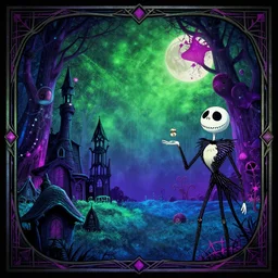 a cartoon night landscape game background in art deco surrealism, artstation, nightmare before christmas, black green blue magenta