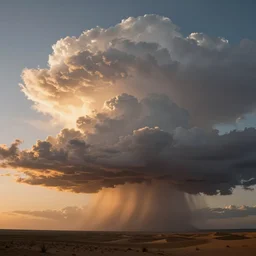 a beautiful picture of a dark distant thundercloud lit from below in a desert, intricate detail, impending doom, sunset, serene, volumetric lighting, volumetric clouds, 8 k, hyperrealistic, digital art trending on artstation