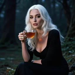 monica bellucci with white hair wearing a black dress is sitting in the forest holding a cup of tea, skeleton fingers, beautiful face, beautiful eyes, beautiful lips, elegant, beautiful, dimly lit, dark sky, volumetric lighting, cinematic lighting, unreal engine, trending on artstation, style artgerm, by greg rutkowski