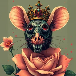 retro biomechanical rat in vintage death beath mask, crown overgrown with fungi, giant orchid rose, pixiv fanbox, dramatic lighting, maximalist pastel color palette, splatter paint, pixar and disney concept, graphic novel by fiona and dustin nguyen, peter elson, alan bean, wangechi mutu, clean cel shaded vector art, on artstation