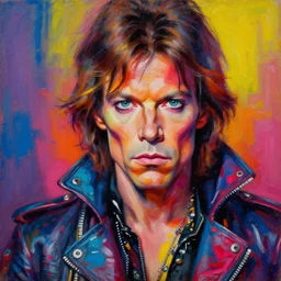 mick jagger as an apocalyptic scifi vampire biker character, psychedelic vibrant colors, futuristic punk rock fashion, oil painting by michael whelan art, oil painting by sebastian kruger, oil painting by richard corben, perfect face, sharp focus, detailed eyes, realistic, 8 k