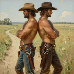 a homoerotic painting by mark maggiori, greg rutkowski, alphonse mucha of two attractive hairy cowboy gunslingers in love standing back to back | bandoliers, shirtless, leather clothing | natural lighting, path traced, highly detailed, high quality, digital painting, trending on artstation