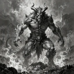 full body, grayscale, muscled humanoid balrog demon, horns, claws, large horned tail, heroic pose, flames, fire, tarot, Gustave Dore, Greg Rutkowski,