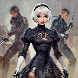 a gouache painting in the style of nier automata, a detailed 3 d render of audrey hepburn as a yorha android, by hikari shimoda, ilya kuvshinov, yoshitaka amano, by shaun tan, by good smile company, portrait, cgsociety, artstation, a modular costume and headpiece, action adventure scene