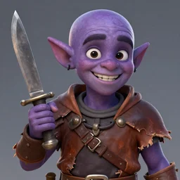 male halfling youth adventurer with purple skin, wearing leather adventuring clothes, shabby, short, kid, bald, wielding knife, happy grin, character portrait closeup, digital art, dungeons and dragon, character