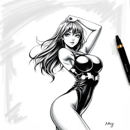luxury advertisement, beautiful aesthetic inspirational masterful professional ink pen liner sketch of a 1 9 9 0 s anime manga japanese girl posing in latex leotard, by boris vallejo, marvel style, concept art, fine details, trending on artstation, high quality paper, instagram photo. art university academy work, gnomon, calarts