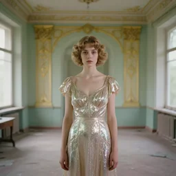 a beautiful shiny girl in an soviet golden liminal abandoned room, film still by wes anderson, depicted by balthus, limited color palette, very intricate, art nouveau, highly detailed, lights by hopper, soft pastel colors