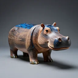 a photo of a model hippo made of repurposed ( wood ), река стол из смолы от ассамблея ах мир, wood composite mixed with straight lines, blue epoxy resin, dramatic lighting, studio zeiss 1 5 0 mm f 2. 8 hasselblad, award - winning photo