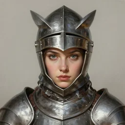 head and shoulders portrait of a female knight. metal armor, open barn owl helmet. elegant, highly detailed, bright face. digital painting, artstation, concept art, symmetry, smooth, sharp focus, illustration, art by artgerm and rutkowski and mucha by theodore ralli and nasreddine dinet and anders zorn and nikolay makovsky and edwin long