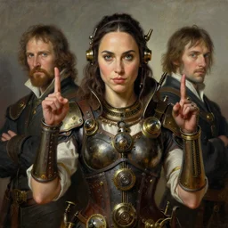 oil painting highly detailed steampunk gal gadot counting her fingers, iron age : leonardo da vinci, greg rutkowski, magali villeneuve