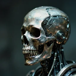 2 8 mm macro photo of metal skull half covered face with cybernetic enhancements as seen from a distance, scifi character portrait by greg rutkowski, canon 5 0 mm, film, photography, esuthio, craig mullins, 1 / 4 headshot, cinematic lighting, dystopian scifi gear, gloomy, profile picture, mechanical, half robot, implants, solarpunk