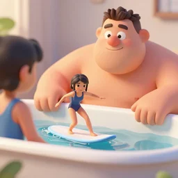 3 d render of a tiny woman wearing a swimsuit surfing in her bathtub as her giant husband watches in pixar style