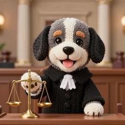 a closeup photorealistic illustration of a knitted smiling bernedoodle judge puppy dressed in a black gown presiding over the courthouse. scales of justice. this 4 k hd image is trending on artstation, featured on behance, well - rendered, extra crisp, features intricate detail, epic composition and the style of unreal engine.