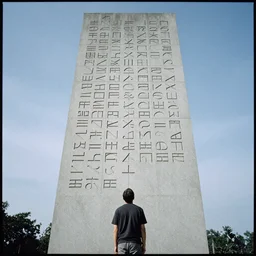 A man stands with his back to the camera looking up at a massive monolith, the monolith has writings in an alien language carved into it, Photography, Ilford HP5, Mamiya 645 AF 80mm f/2.8