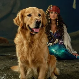 a golden retriever as a mermaid in pirates of the caribbean, movie still frame, hd, remastered, movie grain, cinematic lighting