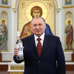 president yeltsin with a bottle of vodka, icon with a halo, color art in a church style
