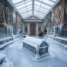 beautiful victorian tomb covered in ice, frozen water canals, glass ceilings, tapestries hanging from ceiling, light dust, by peter mohrbacher dan mumford craig mullins nekro, cgsociety, pixiv, volumetric light, 3 d render