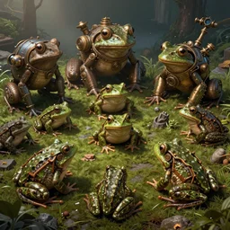 an advanced frog colony. steampunk frogs, cyberfrogs, mechafrogs, hyperdetailed, fantasy art,