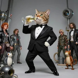 cat in a tuxedo drinking champagne portrait, ultra realistic, wide angle, seductive pose, cyberpunk artifacts, highly detailed by peter mohrbacher, hajime sorayama, wayne barlowe, boris vallejo, aaron horkey, gaston bussiere, craig mullins gobou gobou mudkip