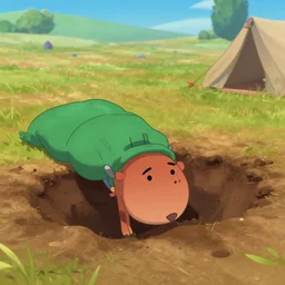 a mole digging a hole in farmers field, waist up, pixar and disney animation, sharp, rendered in unreal engine 5, anime key art, camping, sleeping bag