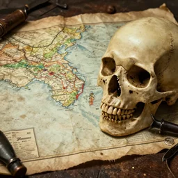 a pirate map drawn on a human skull
