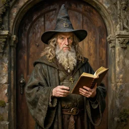 Clyde Caldwell portrait painting of a old rugged actor wizard wearing a wizard hat and robe from the hobbit holding a book and standing in front of an ancient wooden door