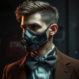 a rugged young engineer man with cybernetic enhancements wearing a suit and bowtie, detailed face with mask, scifi character portrait by greg rutkowski, esuthio, craig mullins, 1 / 4 headshot, cinematic lighting, dystopian scifi gear, gloomy, profile picture, mechanical, half robot, implants, steampunk