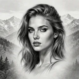tattoo design sketch of the most beautiful woman portrait with a background of beautiful mountains on the side, hyper - realistic, double exposure effect, in the style of den yakovlev, amazing detail, black and white, faded